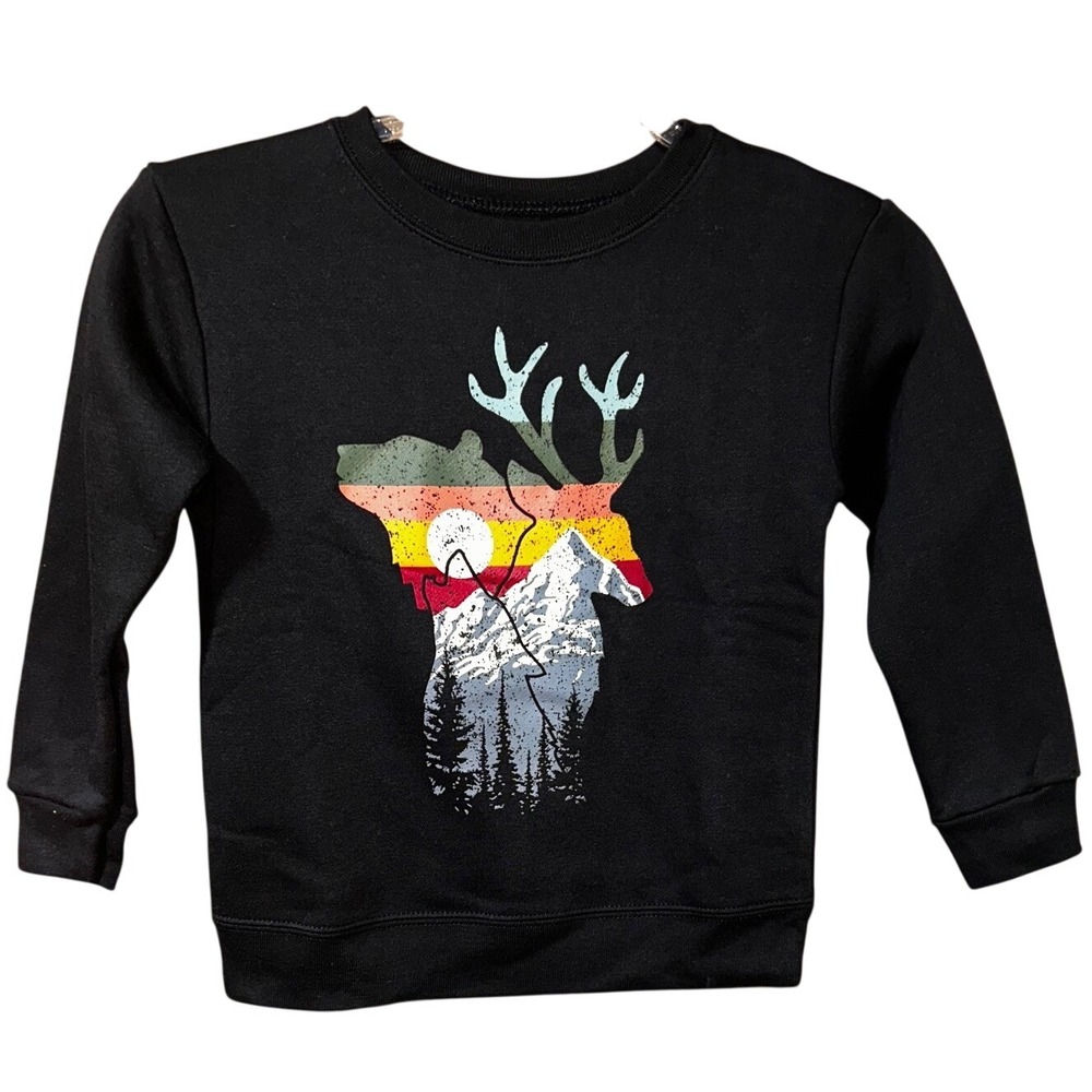 Black Bear Deer Mountain Sunset Graphic Crewneck Sweatshirt Pullover 3T